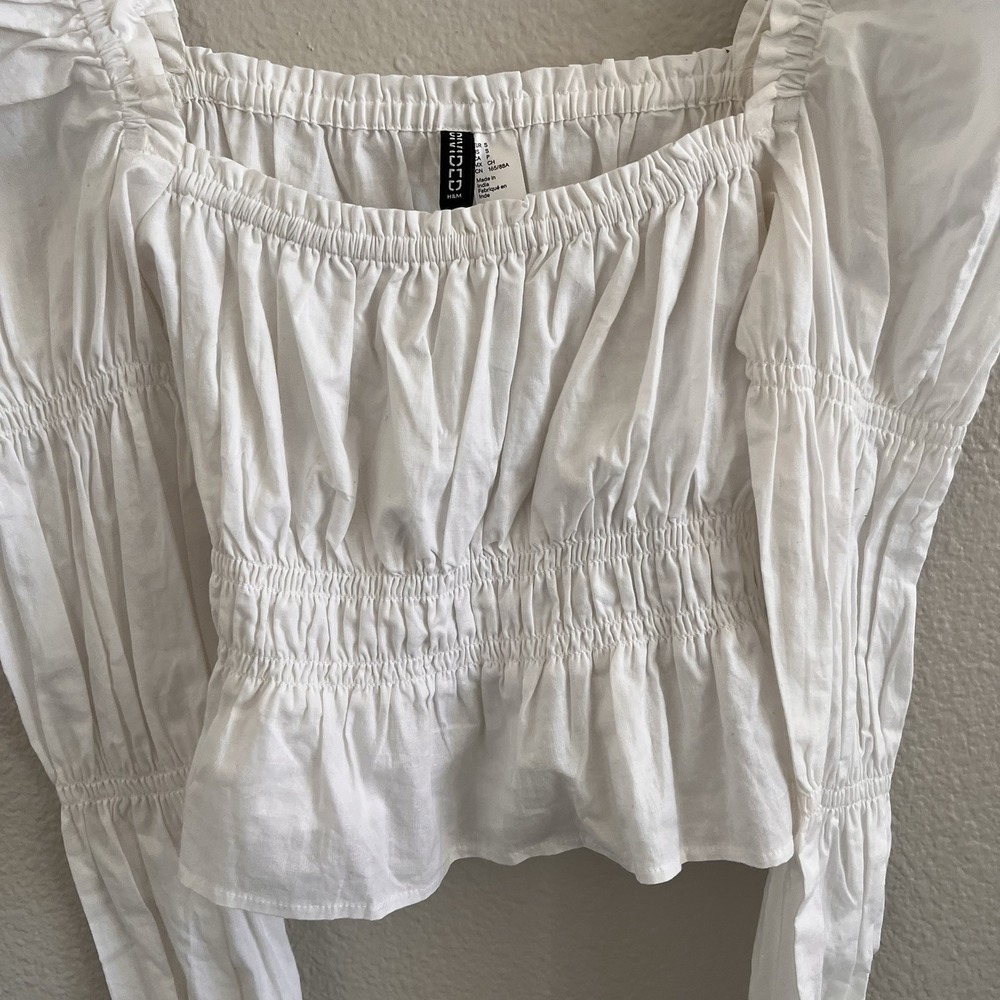 White Top Poet Sleeve Small Cottagecore Boho Milkmaid Square Neck - Picture 4 of 8